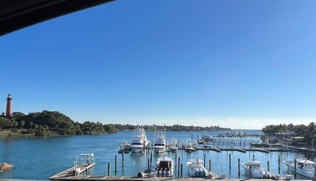 view of dock with a water view