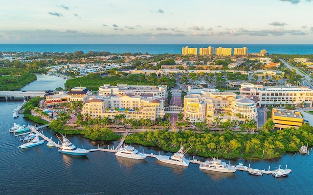 bird's eye view featuring a city view and a water view