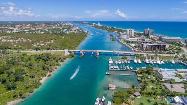 aerial view featuring a water view