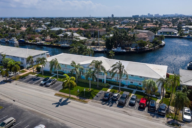 drone / aerial view featuring a water view