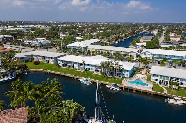 bird's eye view with a water view