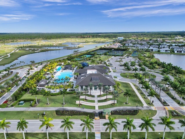 drone / aerial view with a water view