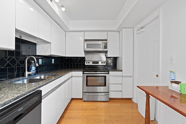 kitchen with white cabinets, stainless steel appliances, decorative backsplash, and light hardwood / wood-style flooring