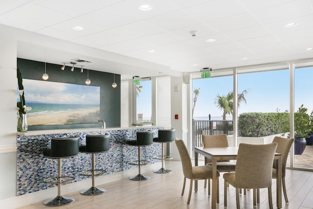 dining area with a drop ceiling, floor to ceiling windows, rail lighting, and light hardwood / wood-style flooring