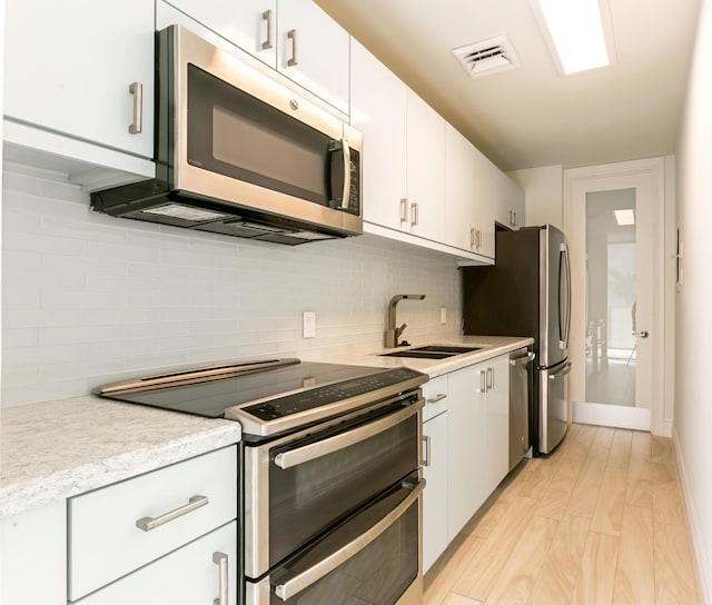 kitchen with appliances with stainless steel finishes, sink, white cabinets, and backsplash