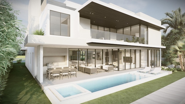 rear view of house featuring a patio area, an outdoor living space, an infinity pool, and a balcony