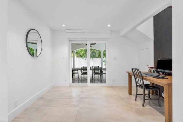 office space with french doors and vaulted ceiling