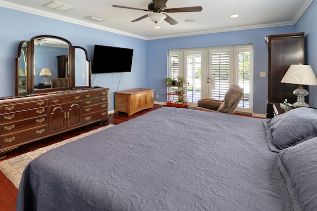 bedroom with ceiling fan, ornamental molding, french doors, access to exterior, and dark hardwood / wood-style flooring