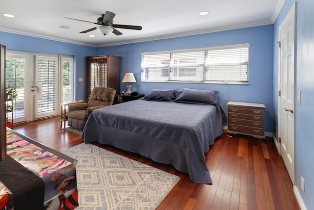 bedroom featuring ceiling fan, crown molding, dark hardwood / wood-style flooring, and access to outside