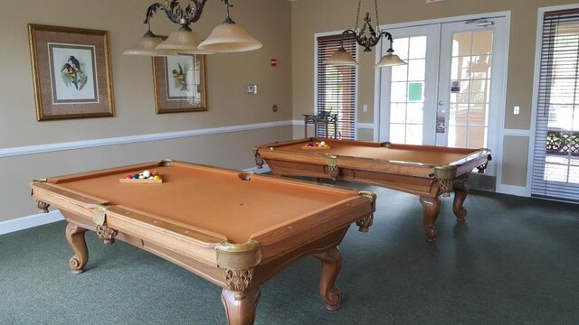 playroom with french doors, carpet floors, and billiards