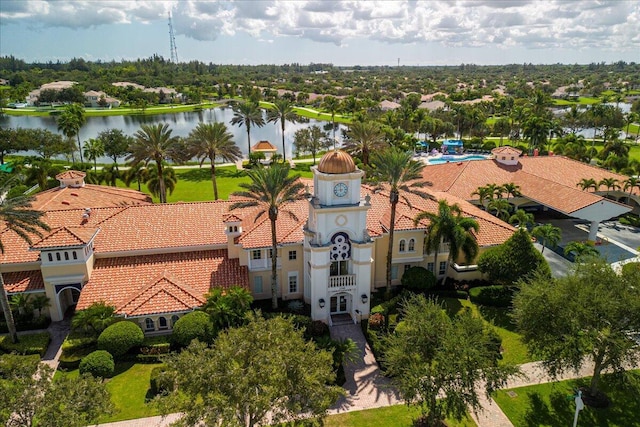 aerial view featuring a water view