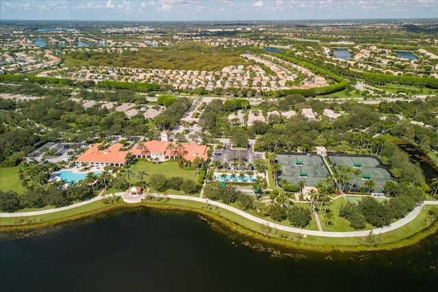 drone / aerial view with a water view