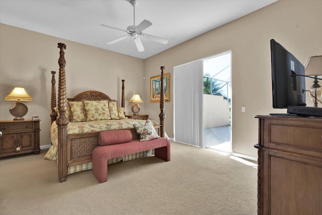 carpeted bedroom with access to exterior and a ceiling fan