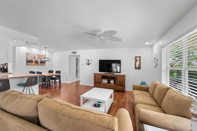 living room with ceiling fan, wood-type flooring, and a textured ceiling