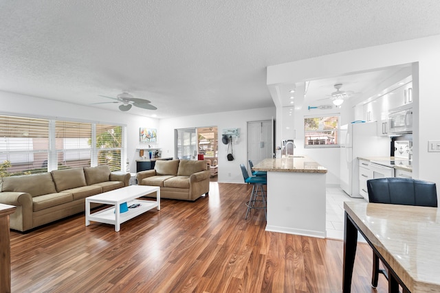 living room featuring a textured ceiling, dark hardwood / wood-style floors, ceiling fan, and sink