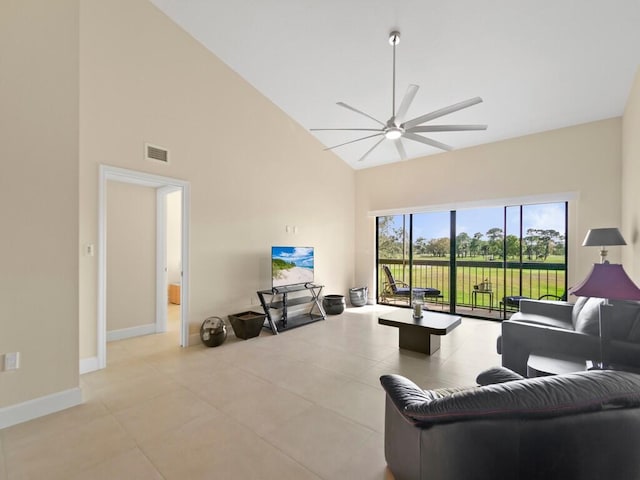 living room featuring high vaulted ceiling and ceiling fan