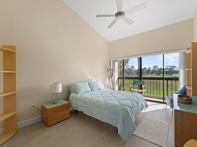 bedroom with high vaulted ceiling, ceiling fan, and access to exterior