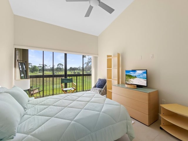 bedroom featuring high vaulted ceiling, ceiling fan, and access to outside