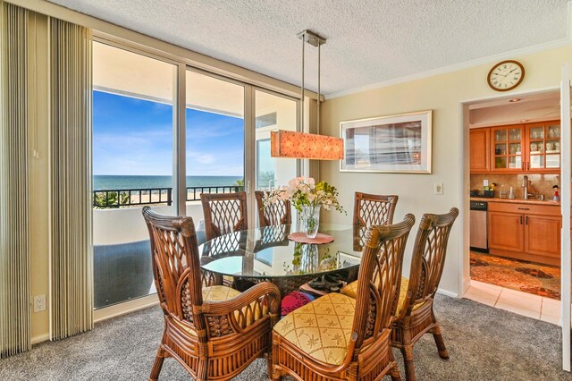 2800 S Ocean Blvd Unit 2-A, Boca Raton, FL 33432 - carpeted dining area featuring crown molding, a sink, a textured ceiling, indoor bar, and a water view