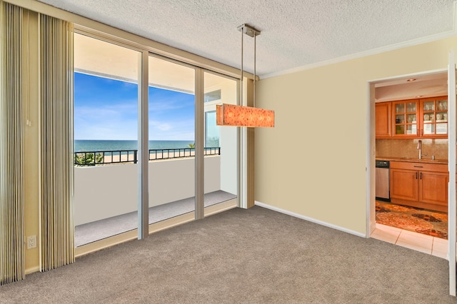 2800 S Ocean Blvd Unit 2-A, Boca Raton, FL 33432 - carpeted spare room with ornamental molding, indoor wet bar, a textured ceiling, a water view, and a sink