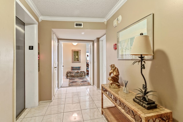 2800 S Ocean Blvd Unit 2-A, Boca Raton, FL 33432 - hall with a textured ceiling, visible vents, elevator, ornamental molding, and light tile patterned flooring