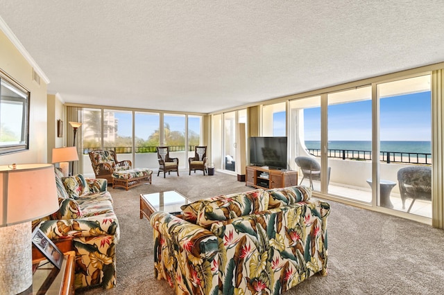 2800 S Ocean Blvd Unit 2-A, Boca Raton, FL 33432 - living room with carpet floors, a textured ceiling, plenty of natural light, and ornamental molding