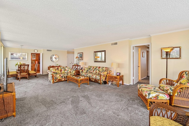 2800 S Ocean Blvd Unit 2-A, Boca Raton, FL 33432 - carpeted living area with crown molding, a textured ceiling, and visible vents