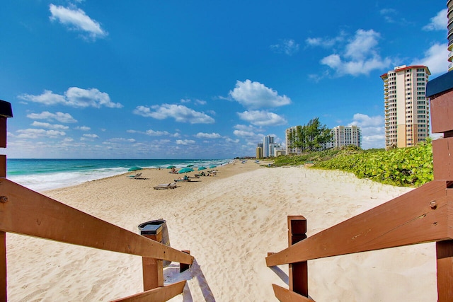 view of water feature with a beach view