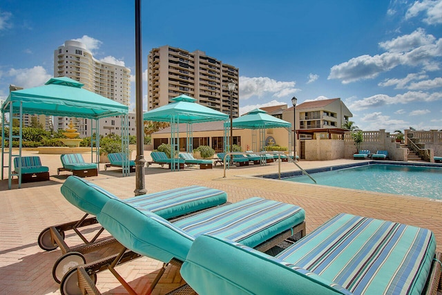 view of swimming pool with a patio area