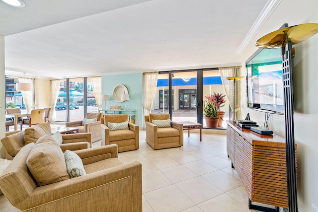 tiled living room with expansive windows and ornamental molding