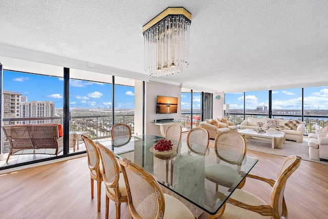 dining space with expansive windows, light hardwood / wood-style floors, and an inviting chandelier