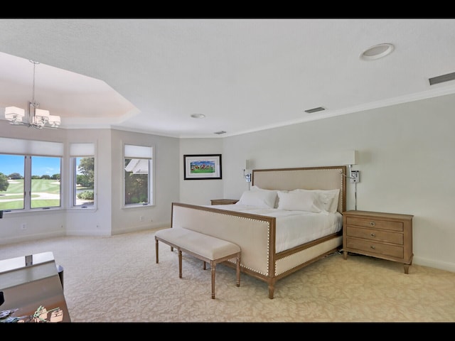 bedroom with light colored carpet, a notable chandelier, and ornamental molding