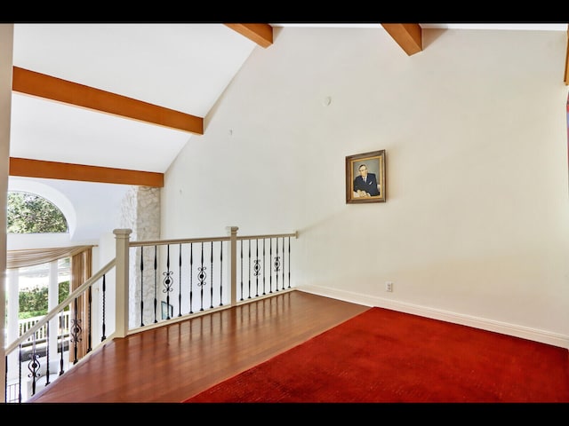 interior space with high vaulted ceiling, wood-type flooring, and beam ceiling