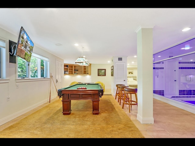 recreation room with light tile patterned floors and pool table