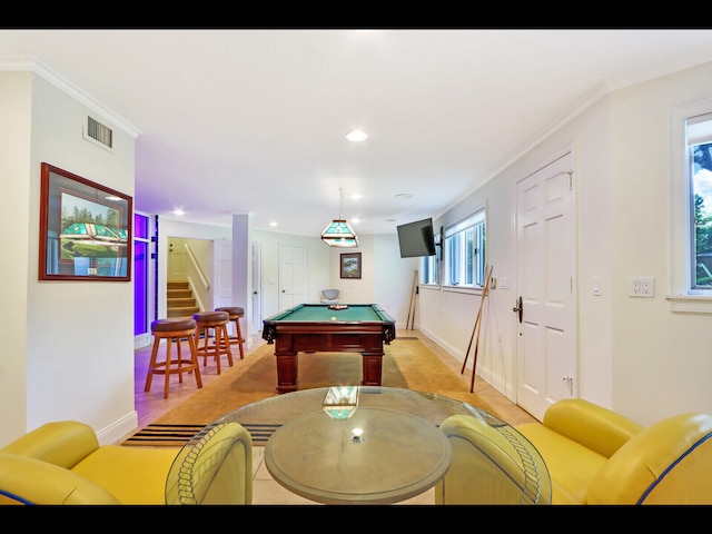 game room with crown molding and billiards