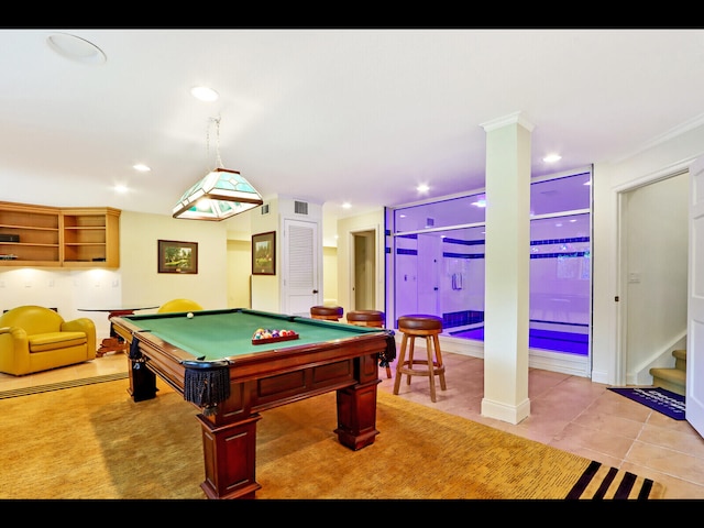 rec room featuring billiards and light tile patterned floors