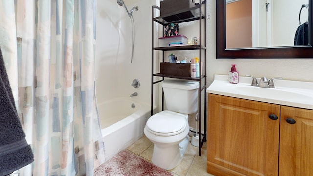 bathroom with tile patterned flooring, shower / bathtub combination with curtain, toilet, and vanity
