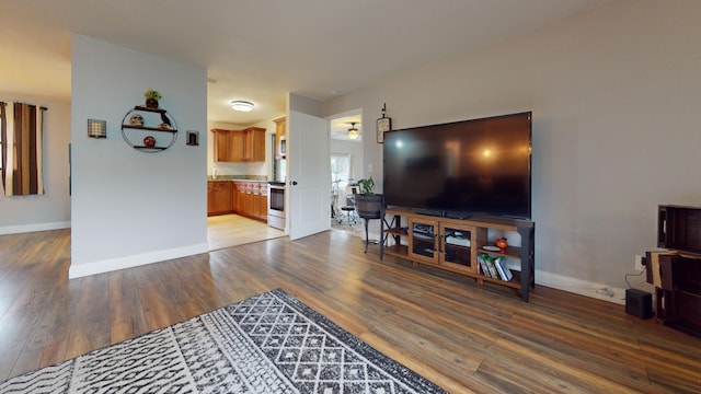 living room with baseboards and wood finished floors