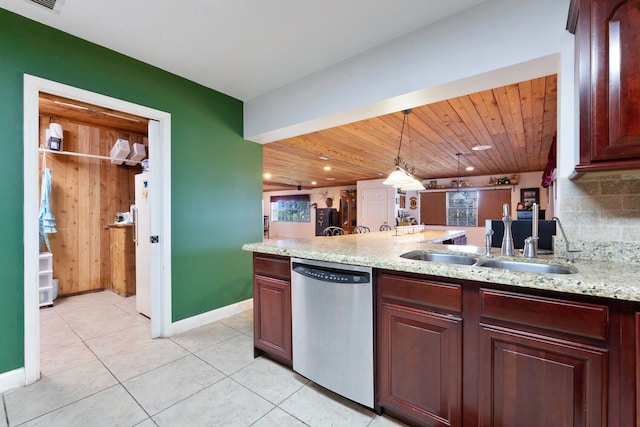 kitchen featuring wooden ceiling, sink, hanging light fixtures, stainless steel dishwasher, and light tile patterned flooring