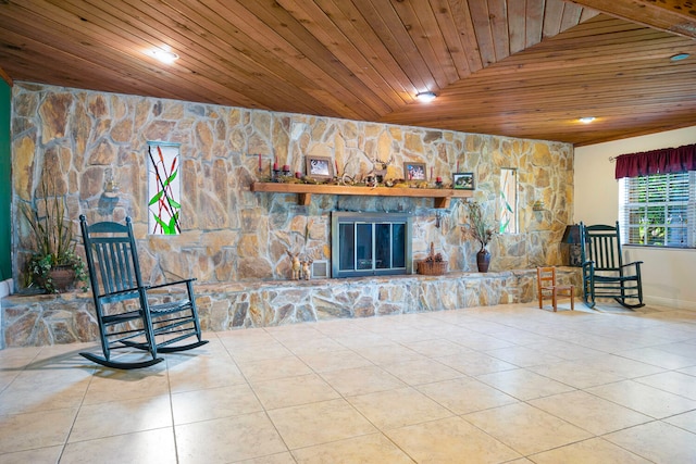 unfurnished living room with tile patterned floors, a fireplace, and wooden ceiling