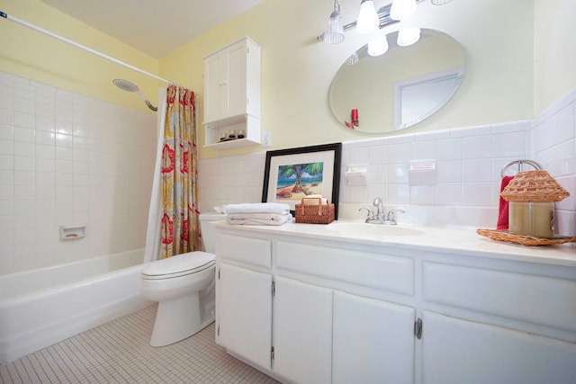 full bathroom with tile patterned floors, shower / bath combo with shower curtain, tile walls, and toilet