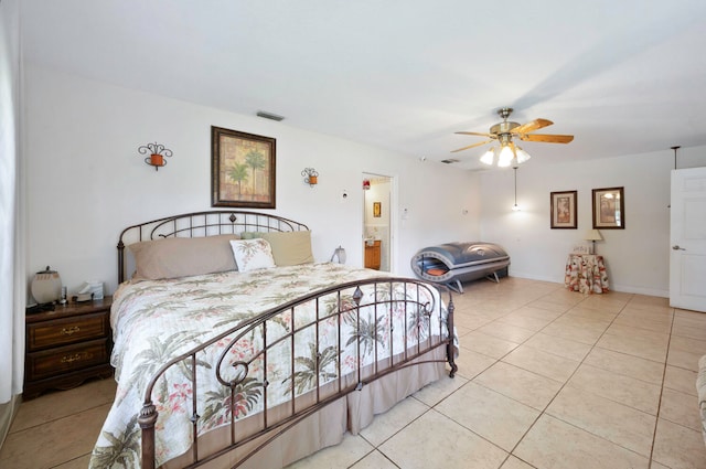 bedroom with light tile patterned floors and ceiling fan