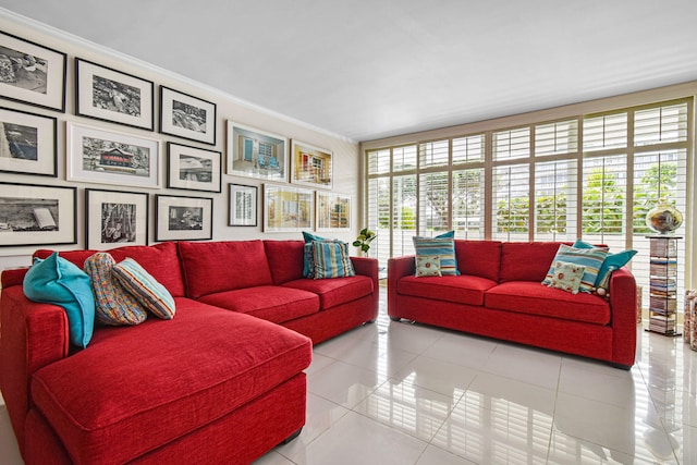 tiled living room with crown molding and plenty of natural light