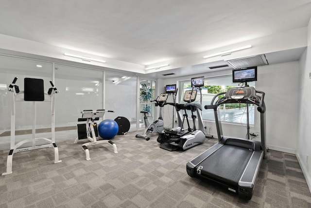 exercise room with carpet flooring