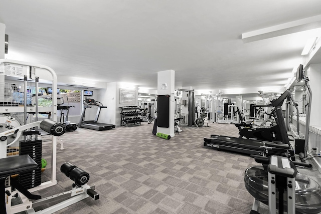 gym featuring light carpet