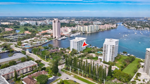 drone / aerial view featuring a water view