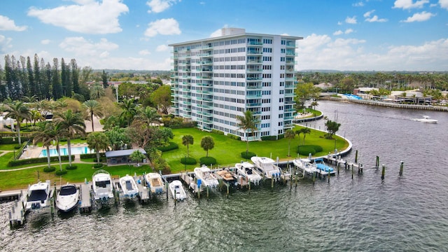 bird's eye view with a water view