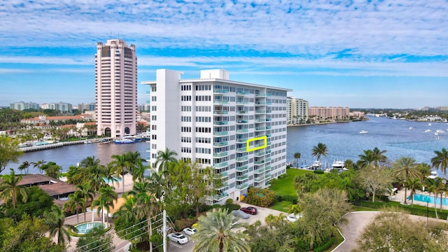 view of building exterior with a water view