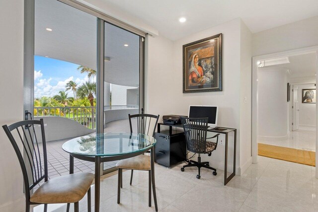 home office featuring light tile flooring