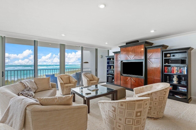 carpeted living room featuring expansive windows and a water view